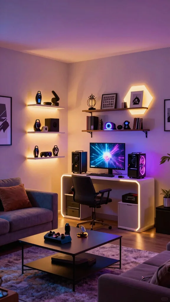10 Hexagon Light Ideas for Game Rooms That Level Up the Walls - 10. Hexagon Light Accents on Furniture 1