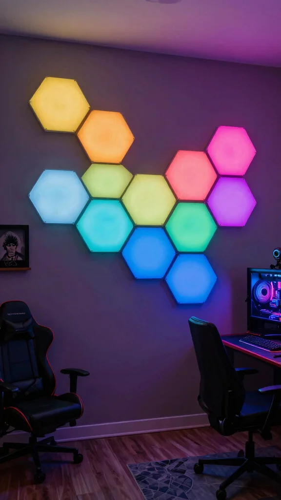 10 Hexagon Light Ideas for Game Rooms That Level Up the Walls - 9. Hexagon Light Art Installations 1