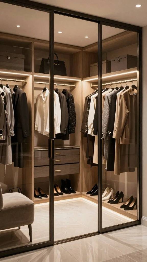 10 His and Hers Walk-in Wardrobe Layout Ideas for a Shared Space - 3. Glass Doors for a Chic Look 1
