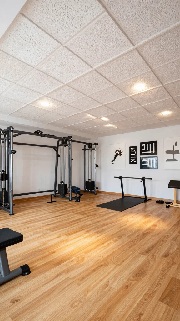 10 Home Gym Ceiling Design Ideas for a More Professional Space - 2. Textured Ceiling Panels for Depth 1