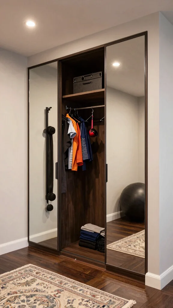 10 Home Gym Ideas With Mirrors That Look Professional - 4. Mirrored Closet Doors for Dual Purpose 1