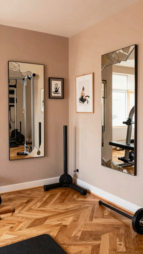 10 Home Gym Ideas With Mirrors That Look Professional - 8. Decorative Mirrors to Highlight Fitness Art 1