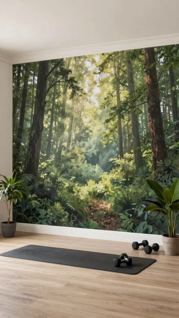 10 Home Gym Wallpaper Ideas From Bold Graphics to Dark Moody Walls - 3. Nature-Inspired Murals 1