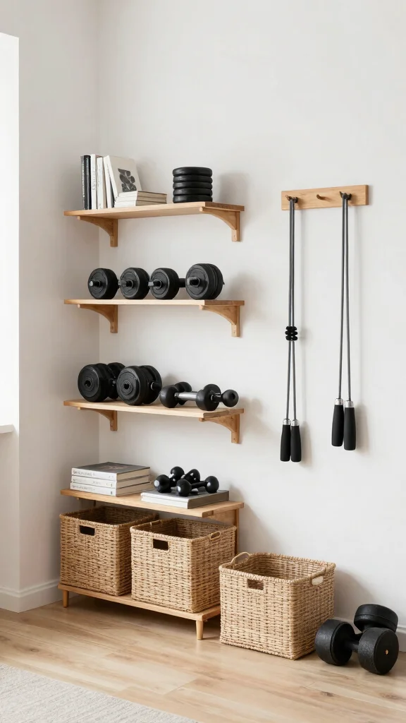 10 Japandi Home Gym Ideas for a Calm, Minimal Training Space - 3. Minimalist Storage Solutions 1