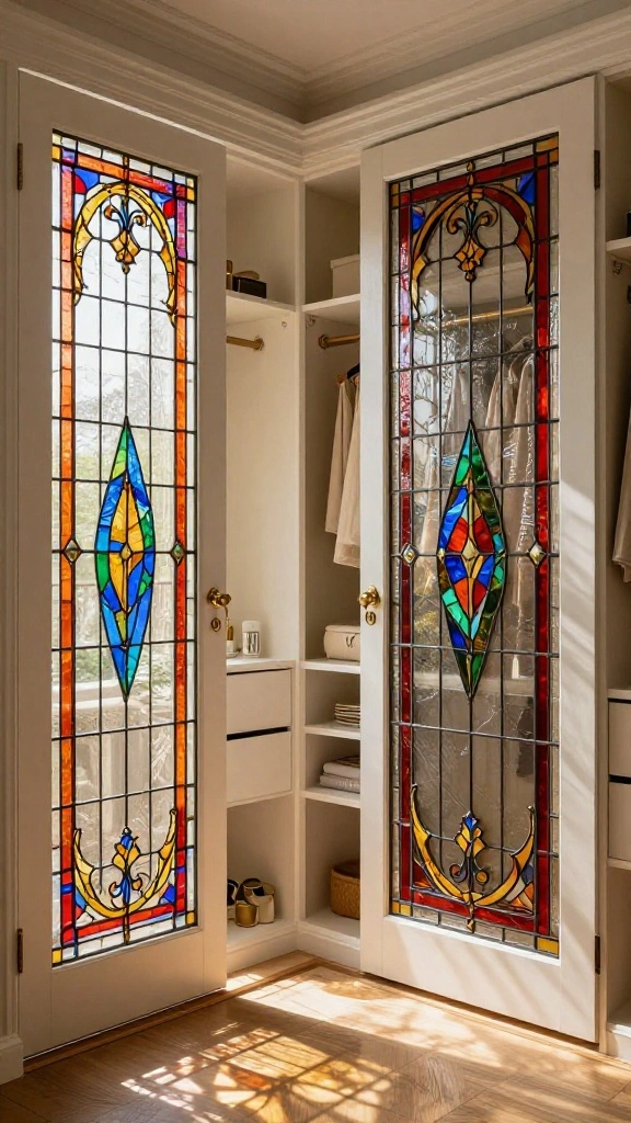 10 Walk-in Closet Glass Door Ideas for an Open, Elegant Look - 6. Stained Glass Doors for a Pop of Color 1