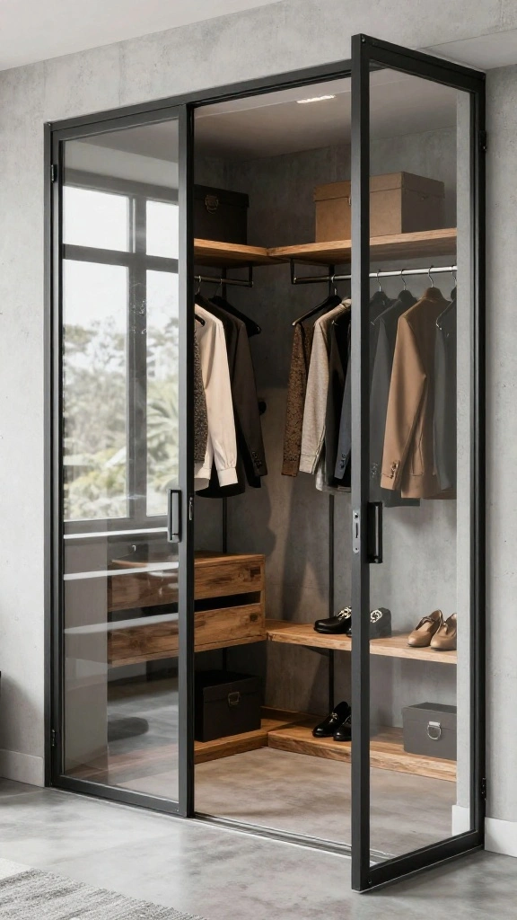 10 Walk-in Closet Glass Door Ideas for an Open, Elegant Look - 7. Industrial Glass Doors for a Modern Edge 1
