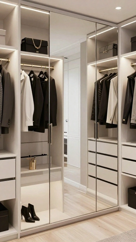 10 Walk-in Closet Glass Door Ideas for an Open, Elegant Look - 8. Mirrored Glass Doors for a Luxe Feel 1