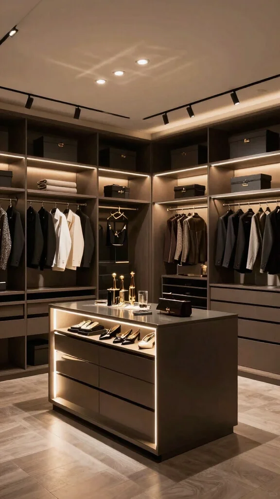 10 Walk-in Closet Island Ideas for Extra Storage and Folding Space - 9. Integrated Lighting Showcase 1