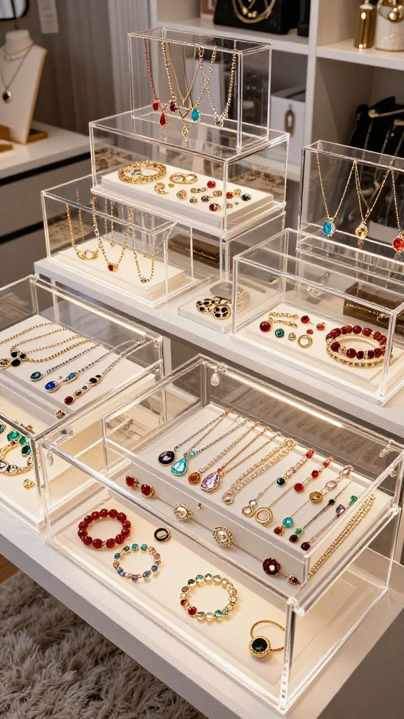 10 Walk-in Closet Jewelry Organization Ideas That Keep Everything Visible - 1. Clear Acrylic Display Cases 1