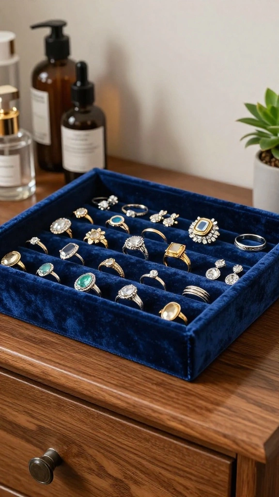 10 Walk-in Closet Jewelry Organization Ideas That Keep Everything Visible - 3. Velvet-lined Jewelry Trays 1