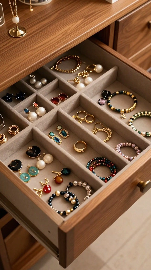 10 Walk-in Closet Jewelry Organization Ideas That Keep Everything Visible - 5. Drawer Dividers for Small Accessories 1