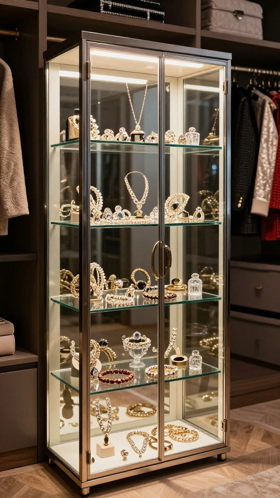 10 Walk-in Closet Jewelry Organization Ideas That Keep Everything Visible - 6. Glass Jewelry Cabinets 1