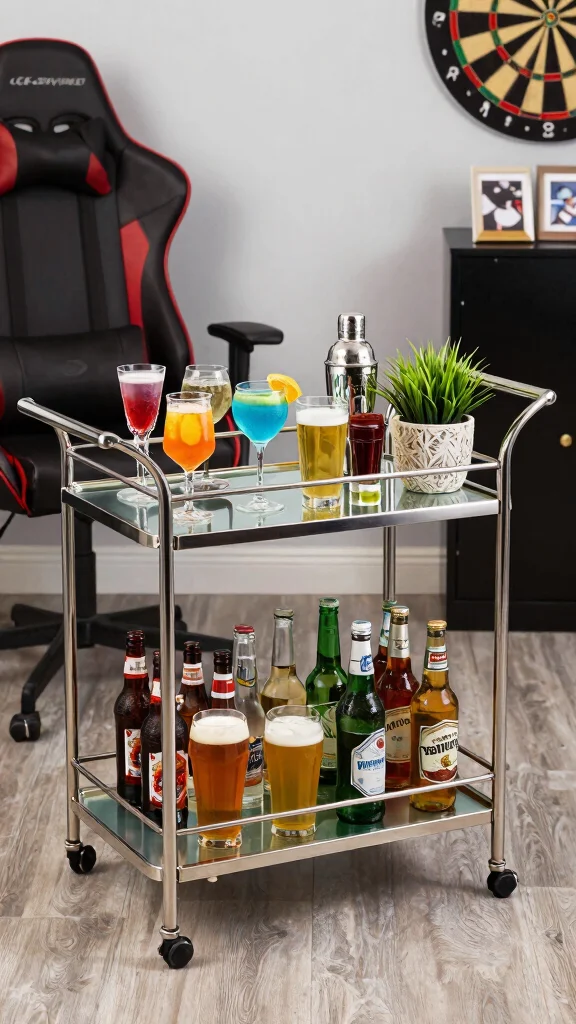 11 Game Room Bar Ideas That Combine Entertainment and Hospitality - 1. Minimalist Bar Cart 1