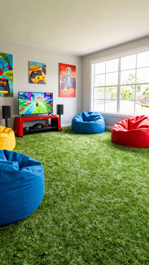 11 Game Room Flooring Ideas That Are Durable and Look Great - 10. Grass Carpet 1