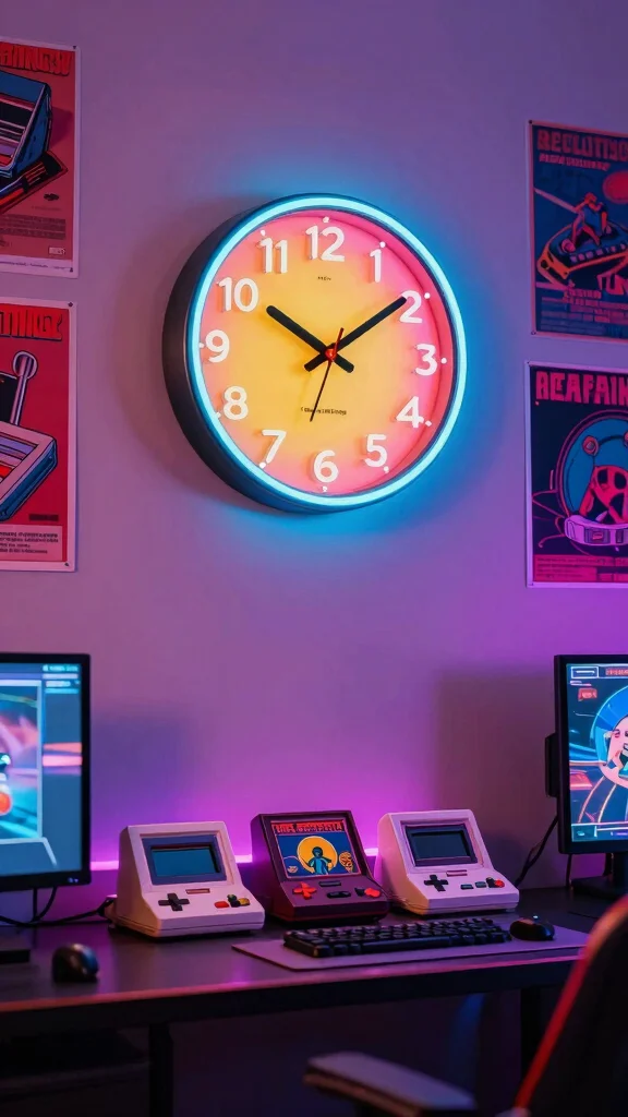 11 Game Room Neon Light Ideas That Turn Any Room Into an Arcade - 10. Retro Neon Wall Clocks 1