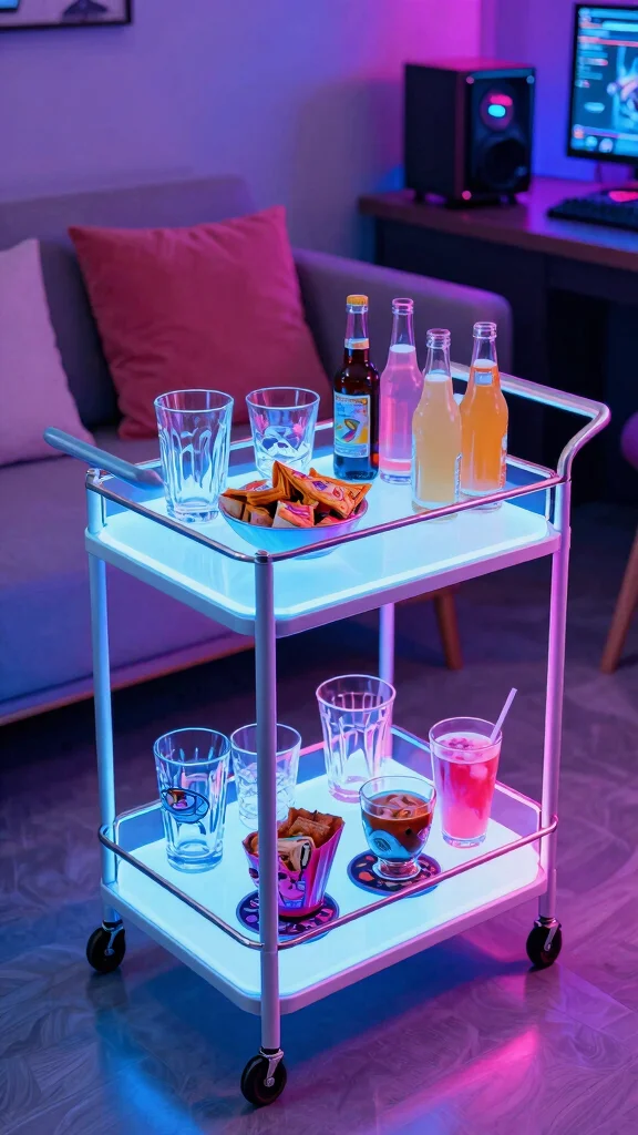 11 Game Room Neon Light Ideas That Turn Any Room Into an Arcade - 7. Neon Bar Cart for Gaming Snacks 1