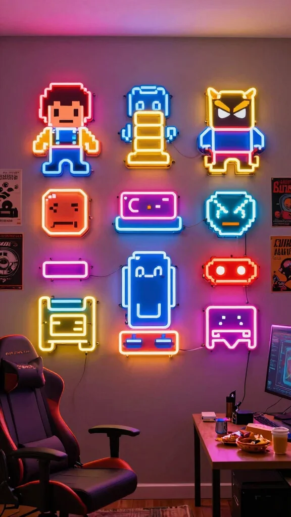 11 Game Room Neon Sign Ideas to Personalize Your Space - 7. 8-Bit Characters 1