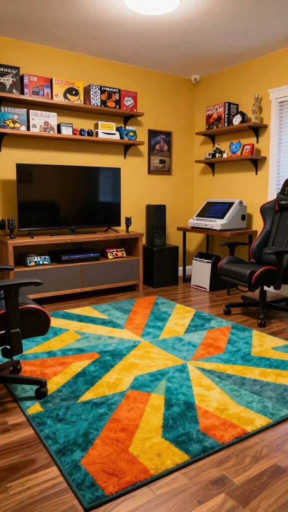 11 Game Room Rug Ideas That Define the Space and Add Comfort - 1. Retro Geometric Patterns 1