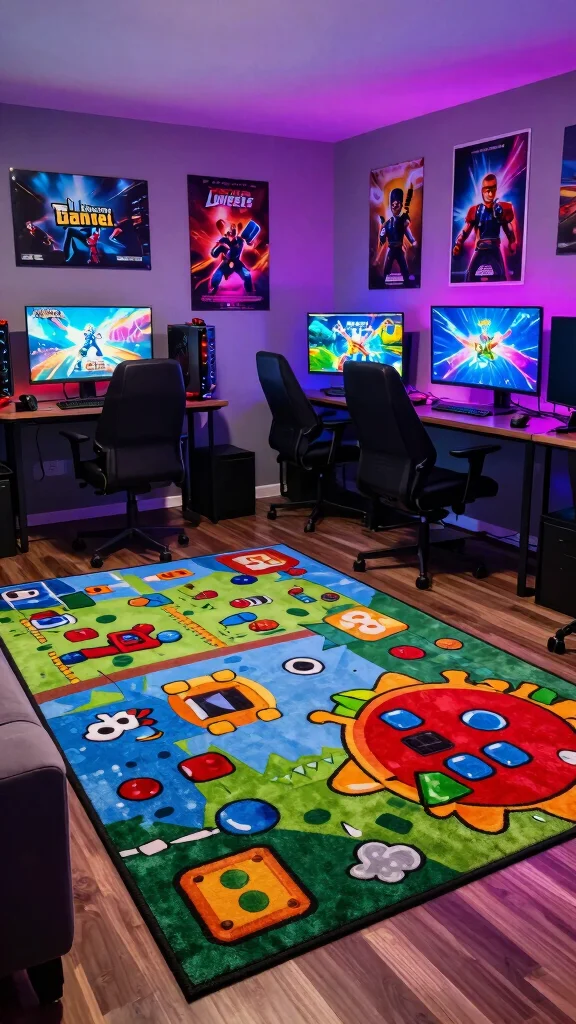 11 Game Room Rug Ideas That Define the Space and Add Comfort - 4. Game-Themed Area Rugs 1