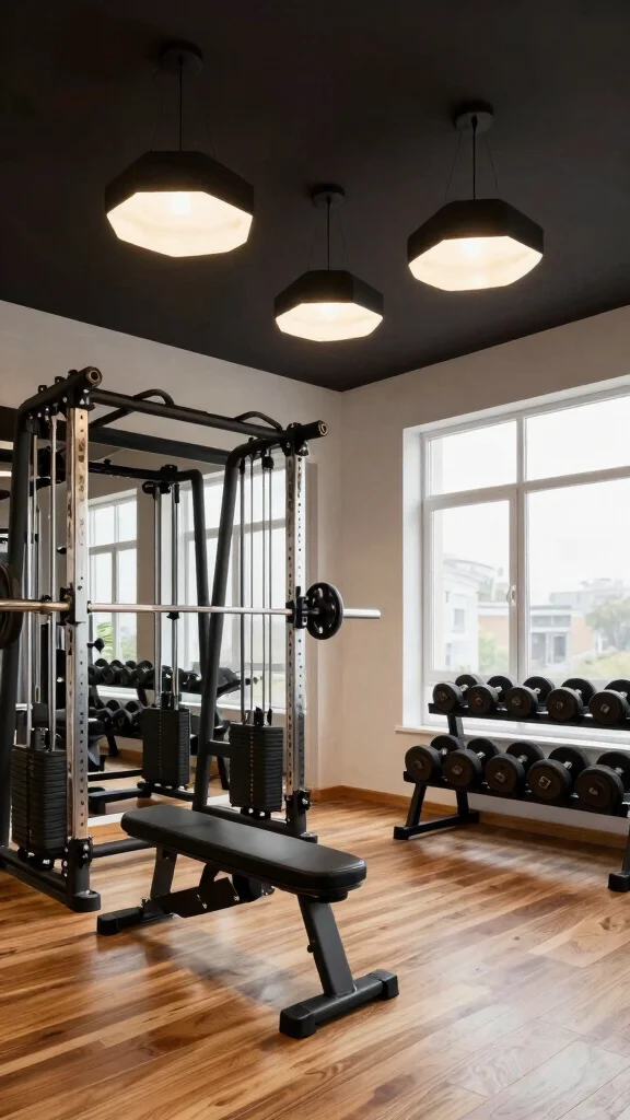 11 Hexagon Light Ideas for Home Gyms That Add Style and Energy - 3. Hexagon Pendant Lights Over Workout Stations 1