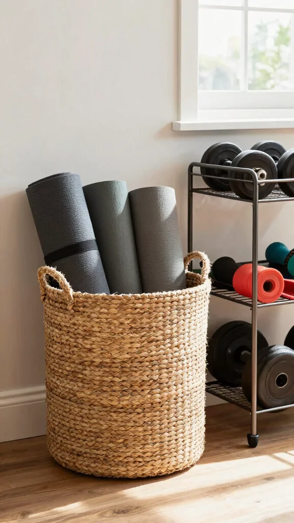11 Home Gym Equipment Storage Ideas That Keep Everything Accessible - 5. Stylish Baskets and Caddies 1