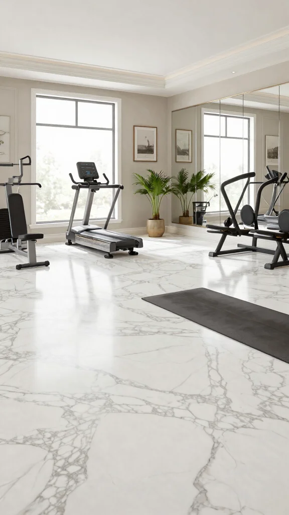 11 Home Gym Vinyl Flooring Ideas That Are Durable and Easy to Clean - 5. Marble Effect Vinyl for Luxe Appearance 1