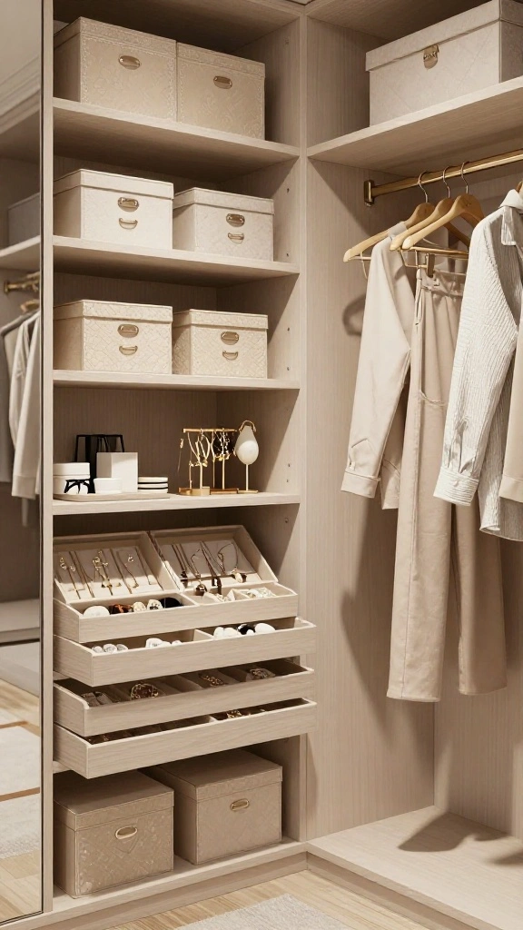 11 Quiet Luxury Walk-in Closet Ideas for an Elevated, Calm Dressing Room - 7. Elegant Accessories for a Touch of Glamour 1