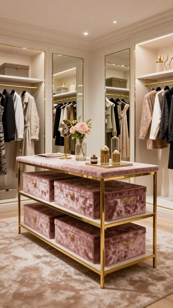 11 Walk-in Closet Ideas With an Island That Look Like a Boutique - 3. Glamorous Touch with Gold Accents 1