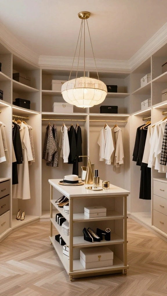 11 Walk-in Closet Ideas With an Island That Look Like a Boutique - 6. Statement Lighting Above the Island 1