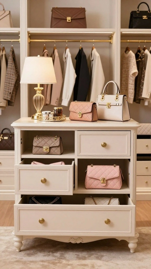 11 Walk-in Closet Purse Storage Ideas That Show Off Your Collection - 10. Repurposed Furniture for Unique Flair 1