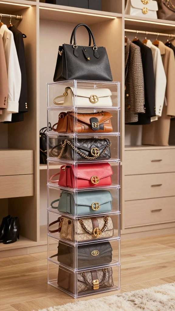 11 Walk-in Closet Purse Storage Ideas That Show Off Your Collection - 3. Chic Stackable Bins for the Perfect Clutter-Free Look 1