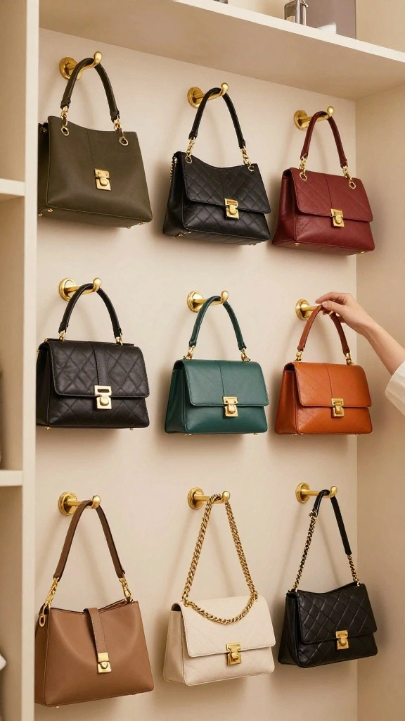 11 Walk-in Closet Purse Storage Ideas That Show Off Your Collection - 5. Stylish Purse Hooks for Easy Access 1