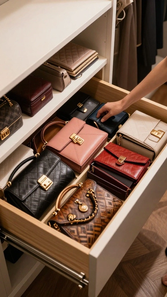 11 Walk-in Closet Purse Storage Ideas That Show Off Your Collection - 7. Drawer Dividers for the Ultimate Organization 1
