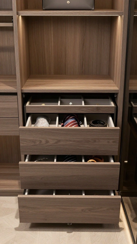 11 Walk-in Closet System Ideas for Maximum Storage in Any Size - 4. Pull-Out Accessories Drawer 1