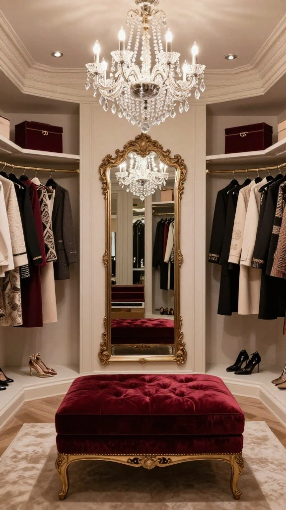 11 Walk-in Closet Vanity Design Ideas From Minimal to Glam - 2. Glamorous Touch with Chandeliers 1