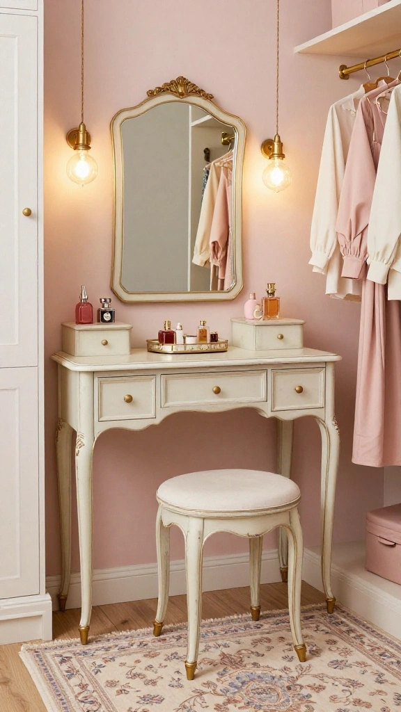 11 Walk-in Closet Vanity Design Ideas From Minimal to Glam - 4. Vintage Glam Revival 1