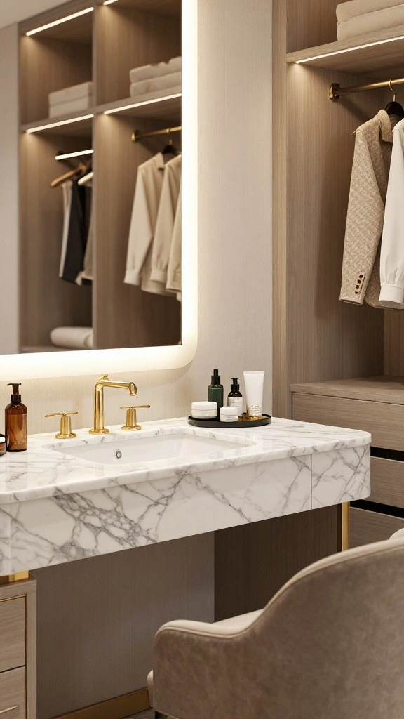 11 Walk-in Closet Vanity Design Ideas From Minimal to Glam - 5. Luxurious Marble Vanity 1