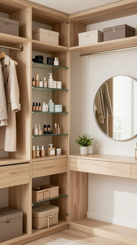 11 Walk-in Closet Vanity Design Ideas From Minimal to Glam - 6. Open Shelving Glam 1