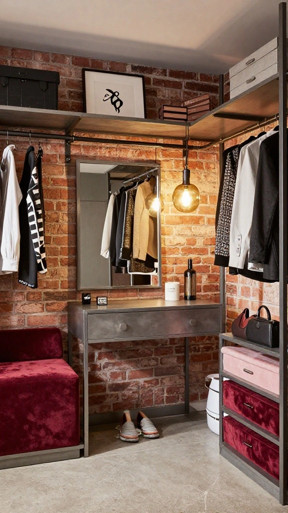 11 Walk-in Closet Vanity Design Ideas From Minimal to Glam - 9. Industrial Chic Meets Glam 1