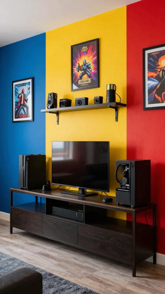 12 Game Room Entertainment Center Ideas for the Ultimate Screen Wall - 5. Color Block Gaming Wall 1