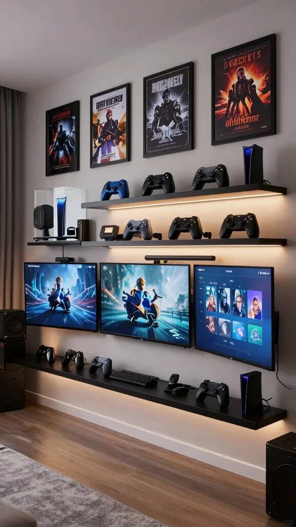 12 Game Room Entertainment Center Ideas for the Ultimate Screen Wall - 7. Wall-Mounted Gaming Displays 1