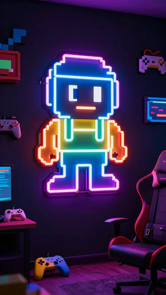12 Game Room Neon Sign Ideas That Set the Perfect Vibe - 4. Pixel Art Neon Signs 1