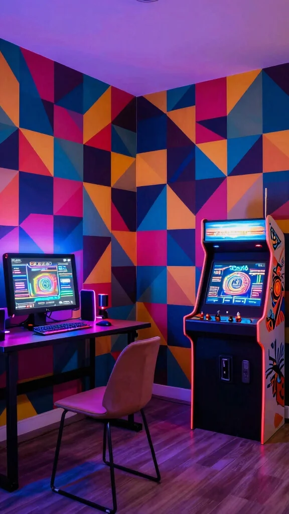 12 Game Room Wallpaper Ideas: From Bold Graphics to Dark Moody Tones - 3. Retro Arcade: Bold Geometric Patterns 1