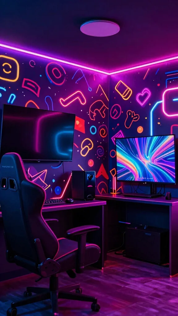 12 Game Room Wallpaper Ideas: From Bold Graphics to Dark Moody Tones - 5. Neon Lights: Bringing Retro to Life 1