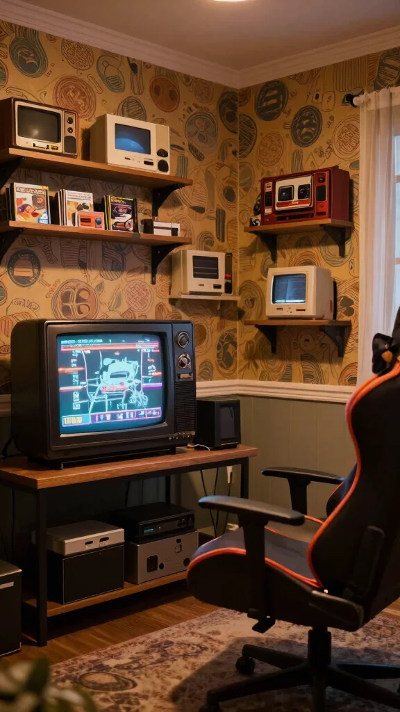 12 Game Room Wallpaper Ideas: From Bold Graphics to Dark Moody Tones - 9. Vintage Video Game Consoles: Retro Charm 1