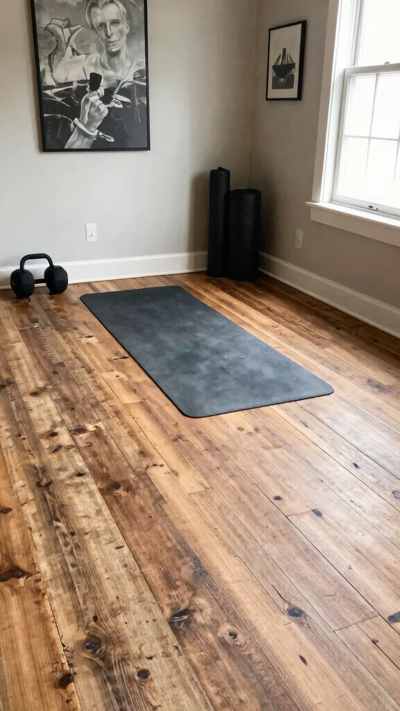 12 Home Gym Flooring Ideas From Rubber Tiles to Luxury Vinyl - 9. Rustic Wood Planks for a Cozy Feel 1