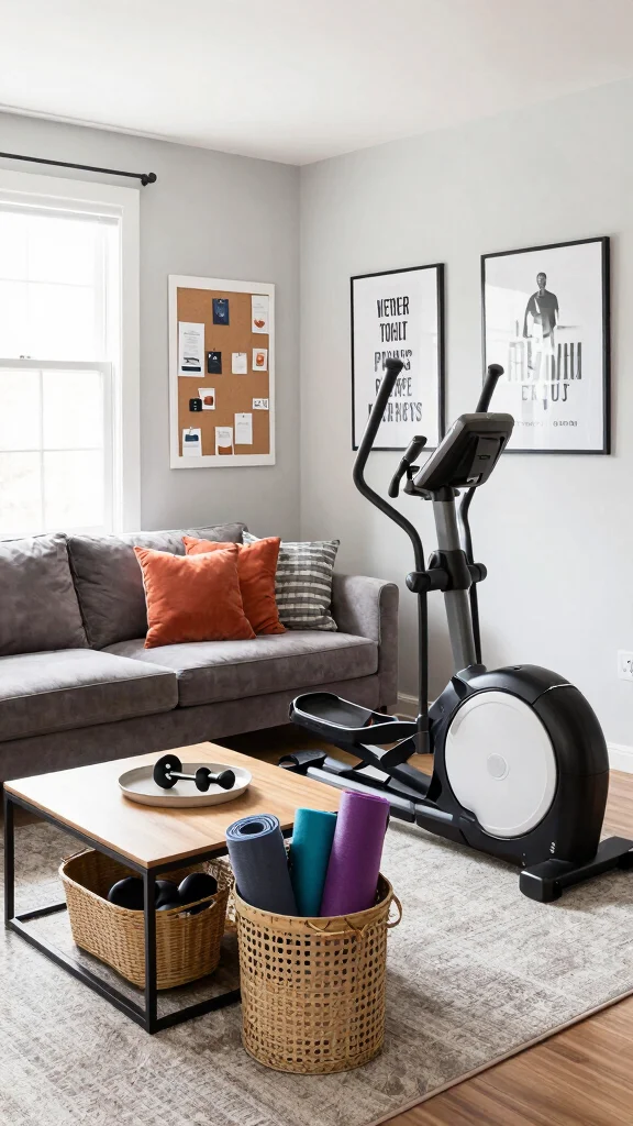 12 Home Gym Layout Ideas for Every Room Shape and Equipment Type - 2. Multifunctional Living Room Gym 1
