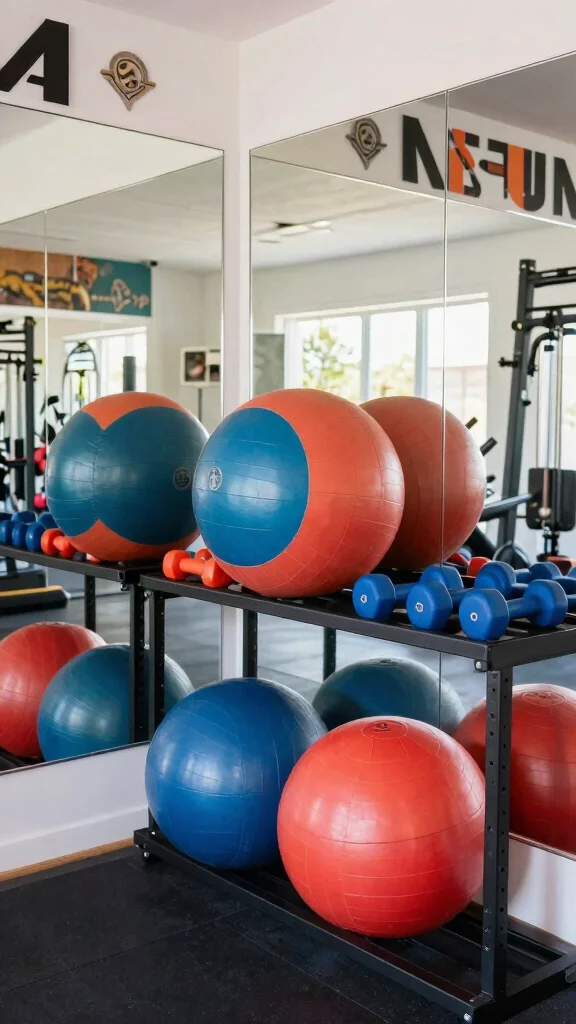 12 Home Gym Mirror Ideas for Better Visibility and a Bigger Space - 11. Mirrored Workout Accessories 1