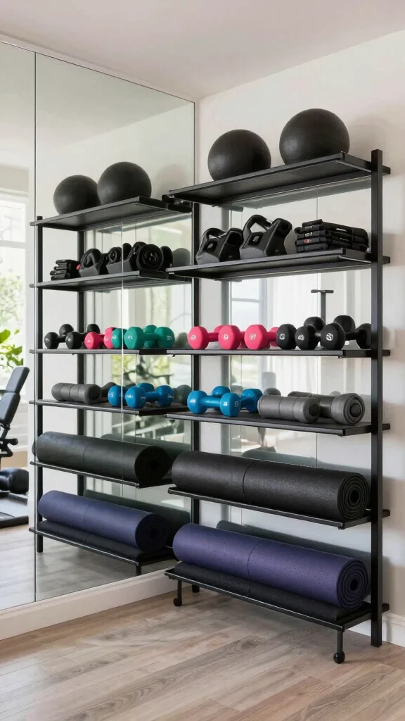 12 Home Gym Mirror Ideas for Better Visibility and a Bigger Space - 8. Mirrored Shelving Units for Stylish Storage 1