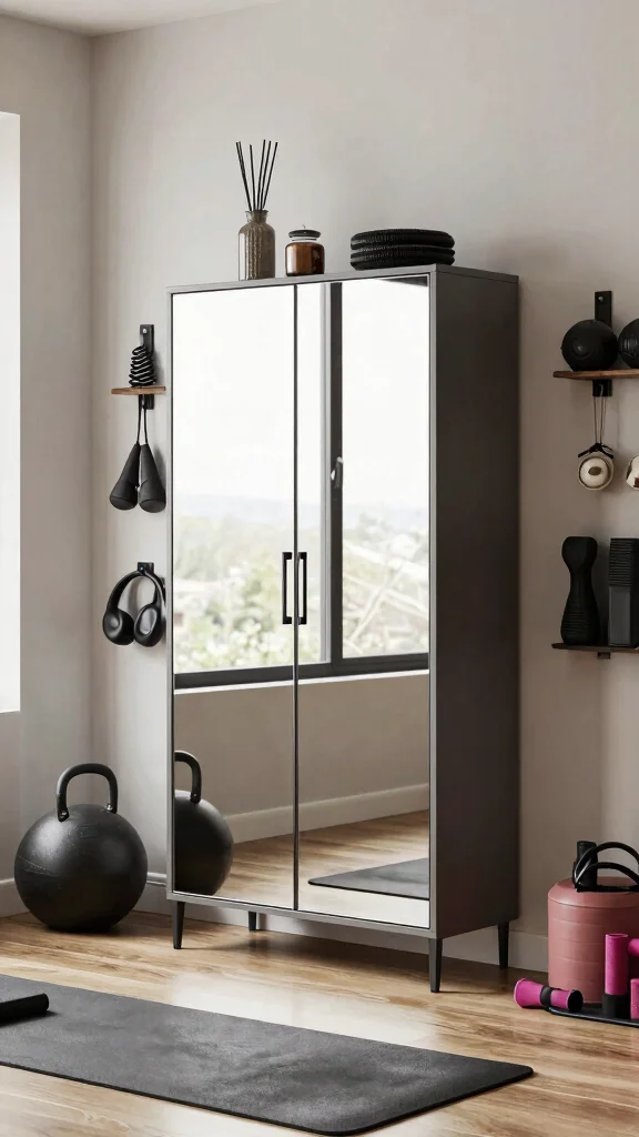 12 Home Gym Mirror Wall Ideas for Better Form and a Bigger Look - 4. Mirrored Cabinets for Double Duty 1